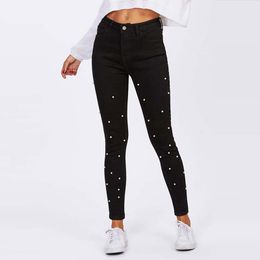 Women Beads Jeans Fashional High Waist Pant Ladies Long Denim Pants Casual Slim Fit Female Trousers