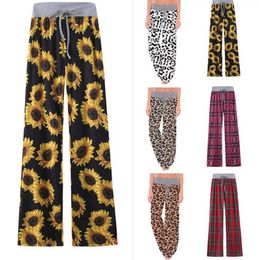 Wide Leg Pants Women Floral Sunflower Plaid Leopard High Waist Comfy Pant Stretch Drawstring Yoga Pants Maternity Trouses OOA8024