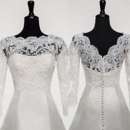 New White Ivory Appliques Wedding Jackets Shrugs Wraps Lace Bridal Boleros V-Back Buttons 3/4 Sleeve Custom Made Jacket