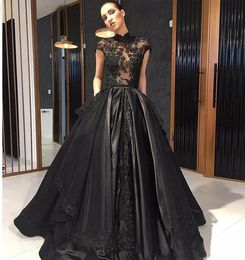 Elegant Black Lace Formal Evening Dresses cap sleeves High Neck See-Through Overskirt Train Red Carpet Prom Party Gowns Robe de soriee