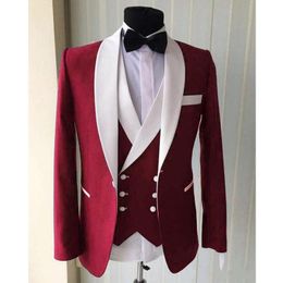 High Quality One Button Red Groom Tuxedos Shawl Lapel Men Suits Wedding/Prom/Dinner Best Man Blazer (Jacket+Pants+Vest+Tie) W387