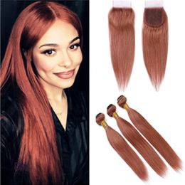 Dark Auburn Human Hair Bundles and Closure Straight #33 Copper Red Brazilian Virgin Hair Lace Closure 4x4 with Weaves Reddish Brown 3Bundles