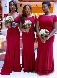 Newest Red Mermaid Bridesmaid Dresses Simple Plain Cap Sleeves Scoop Neck Arabic South African Maid of Honor Gowns