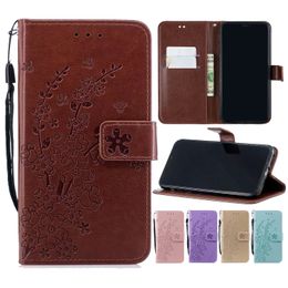 Flip Stand Leather Wallet Phone Case for iPhone 11 Pro X XR XS Max Samsung Galaxy S20 Plum Blossom Embossing Protective Cover