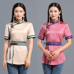 Summer Casual Female Top mongolian short sleeve shirt women tang suit style ethnic clothing Asia national vintage costume