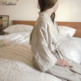 Unikiwi.women Sleepwear Robes Linen Pajamas.breathable Shower Spa Linen Robe Night Bathrobes Sleep Nightgown Robe Dressing Gown Y19071901