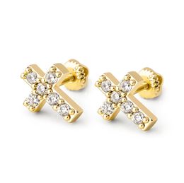 Allergic Free 925 Silver Earrings For Men Women Gold Plated Bling Cubic Zirconia Cross Studs Earrings Jewelry Gift