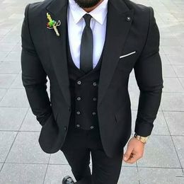 Black Groom Tuxedos Peak Lapel Groomsman Wedding 3 Piece Suit Fashion Men Business Prom Party Jacket Blazer(Jacket+Pants+Tie+Vest) 2602