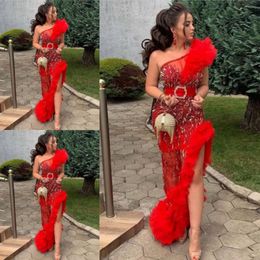Red One Shoulder Prom Dresses South African See Through Sheath Evening Gowns Ruched Tulle Formal Party Dresses Custom Made