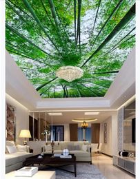 Custom 3D photo ceiling zenith interior decorative mural Fresh bamboo forest green blue sky and white clouds hall ceiling zenith mural