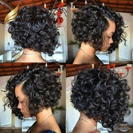 Short Bob Cut Full Lace Wig Human Hair Curl Style Long Bobby with Side Part Lace Front Wigs For Black Women