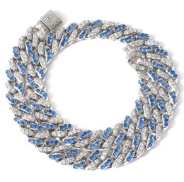 12mm 16/18/20/22/24inch White Gold Plated Blue CZ Cuban Chains Necklace Bracelet for Men Hip Hop Jewelry