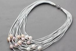 Free shipping Hot sale new Style >>>>>11-12mm White and pink Freshwater Pearl on Multi-Strand Leather Women Necklace