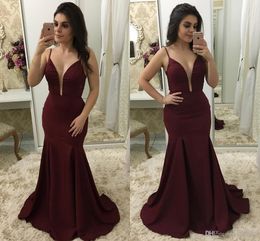 New Sexy Burgundy Mermaid Prom Dresses Long Spaghetti Straps Sweep Train Formal Dresses Special Occasion Dress Evening Gowns robe de mariage