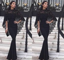 Elegant Black Sheath Evening Dress with Lace Cape High Neck Floor Length Formal Dress Evening Gowns Party Gowns Robe Vestidos Custom