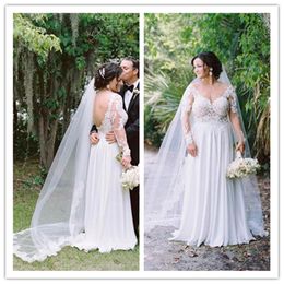 Long Sleeves A Line Beach Bridal Gowns Chiffon Side Split Wedding Party Dresses Modest Plus Size Bohemian Wedding Gown