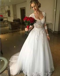 Summer Elegant Scoop Long Sleeves A Line Sexy Open Back Tulle Floor Length Wedding Dress Pakistani Fashion Wedding Dress