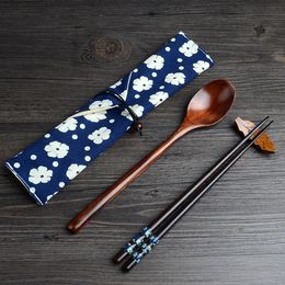Japanese Style Exquisite Natural Wooden Spoon Chopsticks with Cloth Bag Outdoor Travel Portable Dinnerware Set WB331