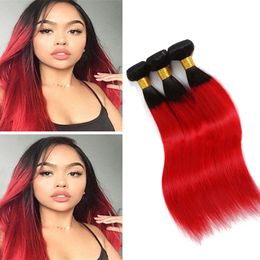 Peruvian 100% Human Hair Extensions Straight 1B/Red Two Tones Color 1B Red 12-26inch 3 Bundles Straight