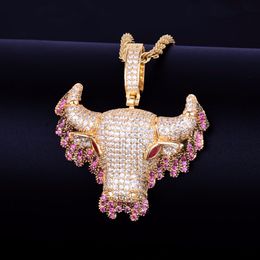 Animal Pink Drip Cow Necklaces & Pendant rope Chain Gold Silver Colour Bling Cubic Zircon Men's Hip hop Necklace Jewellery