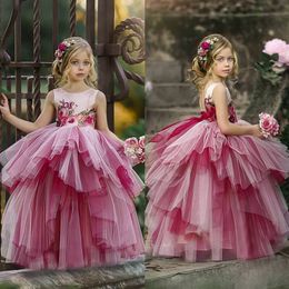 Classy Tiered Ball Gown Flower Girl Dresses Appliqued For Wedding Pageant Gowns Tulle Floor Length First Communion Dress