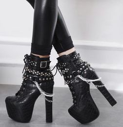 Zip Metal Chains Rivet Motorcycle Boots Women Shoes Super High Heels Platform Ankle Boots Punk Rock Gothic Biker Boots