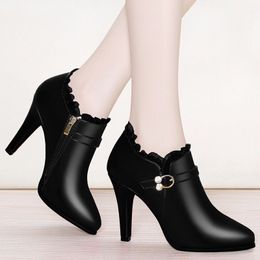 2019 Winter Super High Heels Ankle Boots Women Dress Shoes Lace Pointed Toe Botas Mujer Rhinestone Booties Gladiator Black N7837 Y200115