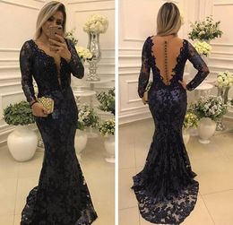 Sheer Long Sleeves Navy Blue Mother of the Bride Dresses Vintage Lace 2018 Long Sleeves Mother Formal Wedding Evening Party Gowns Maxi Dress