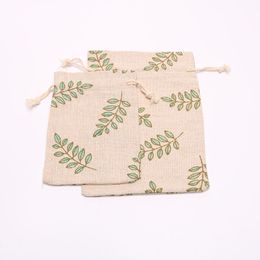 Green Leaves Design Cotton Bag Drawstring Gift Bag Muslin Bracelet Jewellery Packaging Bags Pouches Fast Shipping NO422