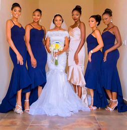 Royal Blue High Low Bridesmaid Dresses Spaghetti Straps Mermaid Party Dress Satin Cheap Country Maid Of Honour Gowns
