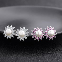 Wholesale-fashion popular luxury classic designer diamond Sun flower pearl S925 sterling silver stud earrings for woman