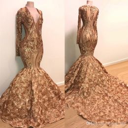 Sparkly Gold Sequins Applique Prom Dresses with Long Sleeve 2019 V-neck Sweep Train Luxury 3D Floral Bottom African Evening Party Gown