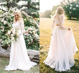 Sexy Romantic Two Piece Lace Wedding Dresses Long Sleeves Chiffon A Line Applique Sweep Train Country Wedding Dresses Bridal Gowns Custom