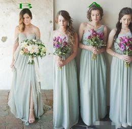2020 Pale Green Bridesmaid Dresses Chiffon One Off Shoulder Side Slit Ruched Pleats Custom Made Maid of Honor Gown Beach Wedding Wear