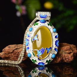 Topaz chalcedony men and women models agate silver inlaid chalcedony new ethnic landscape Thai blue boutique Dai orchid pendant