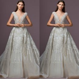 zuhair murad beading wedding dresses with detachable train bohemia lace appliqued bridal gowns cap sleeve sheer v neck wedding dress