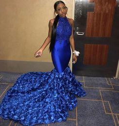 Royal Blue Mermaid Lace Prom Dresses Halter Neck Beaded Backless Evening Gowns Plus Size Sweep Train Appliqued Satin Formal Dress 407