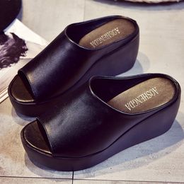 2019 Fashion Women Sandals Platform Wedge PU Leather Mules Open Toe Slides Shoes Summer Large Size Solid Black White Sandals