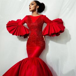 Elegant Mermaid Prom Dresses 2020 Puffy Sleeves Red Formal Evening Gowns Beaded Floor Length Pageant Party Dress Plus Size