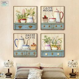 Splspl Nordic Girls Room Decor Hand Drawn Decorative Picture Coffee Latte Watercolor Flower Wall Art Canvas Painting For Kitchen