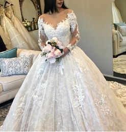 New 2019 Luxurious Ball Gown Wedding Dresses Sheer Jewel Neck Cap Long Sleeves Lace Appliques Court Train Plus Size Formal Bridal Gowns