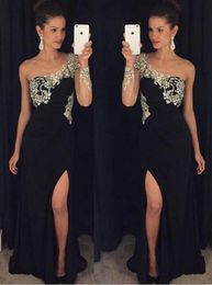 One Shoulder Fashion Prom Dresses Lace Appliques Beads Long Sleeves Cocktail Party Gowns Side Split Floor Length Formal Evening Dresses