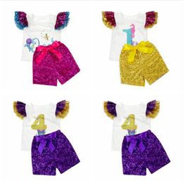 Baby Girl Clothes Kids T-Shirts Sequins Shorts Suits Fly Sleeve Tops Glitter Pants Outfits Short Sleeve Tees Bow Pants Clothing Sets C5903