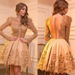 Gold Lace Long Sleeves Cocktail Dresses Luxury Fashion Applique Flowers Short Formal Party Dress Backless Prom Gowns