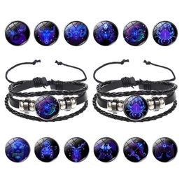 Wholesale 12 Luminous Constellation Charm Real Black Leather Braided Friendship Rope Knot Bracelets for Men Women guys Bracelet Jewelry