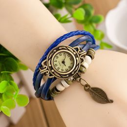 Fashion Women watch female Leaf Pendant bracelet watches lady personality vintage Beads Rope Weave leather wristwatch