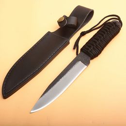 Top Quality Outdoor Survival Straight Knife High Carbon Steel Drop Point Hand Forged Blade Full Tang Paracord Handle With Leather Sheath