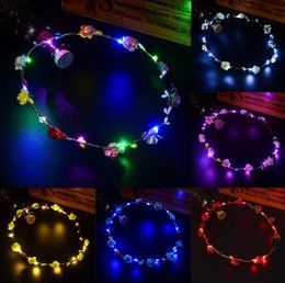 Flashing LED Glow Rose Crown Headbands Light Party Rave Floral Hair Garland Wreath Wedding Flower Girl Bridal Headdress Hawaii Decorations