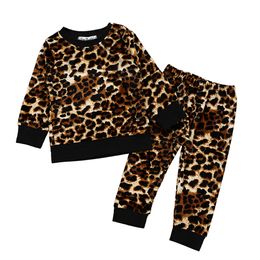 Baby Pyjamas Sets Kids Coral Fleece Leopard Sleepsuit Long Sleeve Tops Pants Outfits Girl Sleepwear Nightwear Baby Kids Clothing Sets M1155