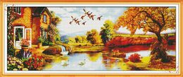 Golden scenery Swan lake home decor painting ,Handmade Cross Stitch Craft Tools Embroidery Needlework sets counted print on canvas DMC 14CT /11CT